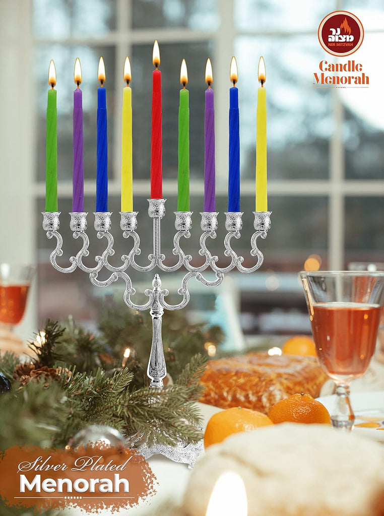 Silver Plated Candle - Fits All Standard Hanukkah Candles - Curved Branches - Embossed Design - 8" High x 6.5" Wide