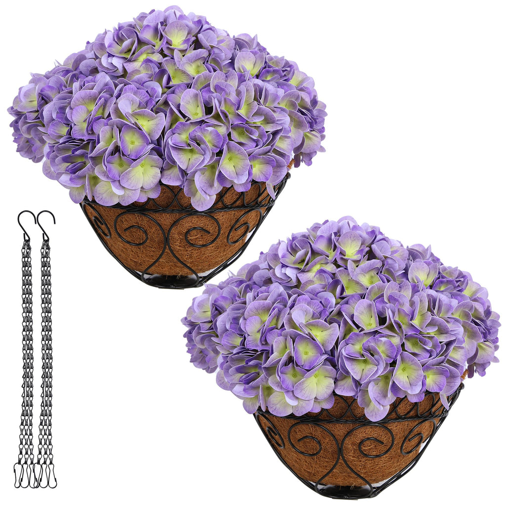 2 Pack Hanging Purple Hydrangea Artificial Flowers with 11in Basket, Outdoor Faux Silk Hydrangea Flowers, Real Touch