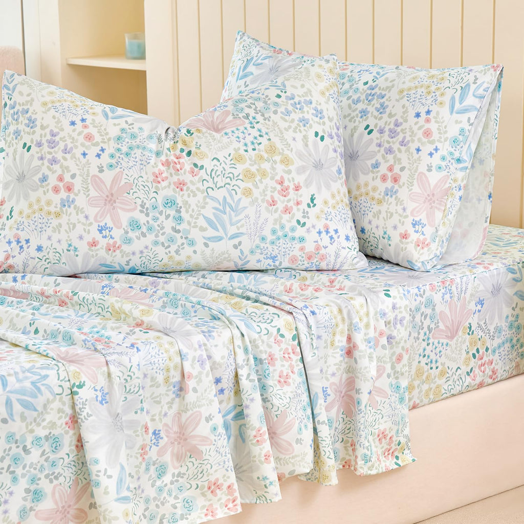 Floral Sheets Full Size 100% Cotton Satin Weave Light Pink Watercolor Bed Sheet Set, Soft Cooling for Hot Sleepers