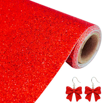 Christmas Red Superfine Glitter Faux Leather Roll 12 x 52 inch, Valentine's Day Shiny PU Fabric for Earrings Bows