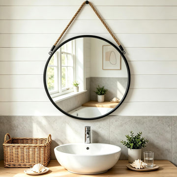 20" Round Wall Mirror with Jute Rope, Circle Hanging Mirror for Wall