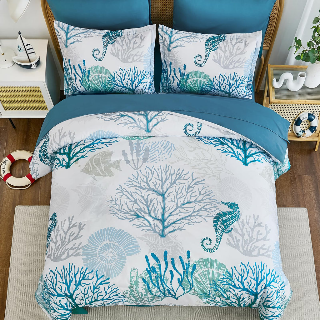 Coastal Comforter Set King, Beach Themed Comforter, 7 Pieces Ocean Nautical Seaweed & Starfish Bed in a Bag (104"×90")