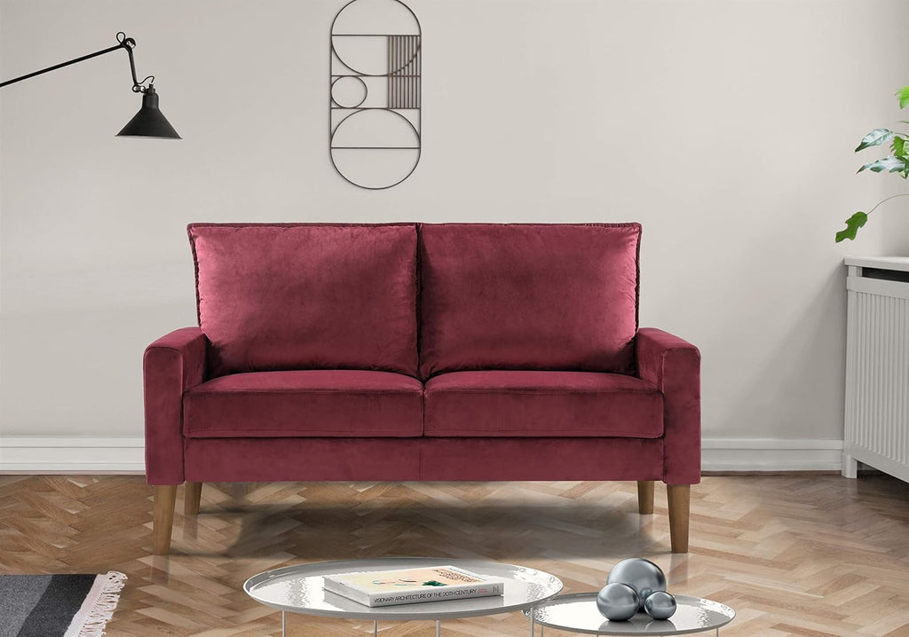 Petit Mid Century Modern Velvet Loveseat , Upholstered 2 Seater Couch , Easy Assembly, Purple