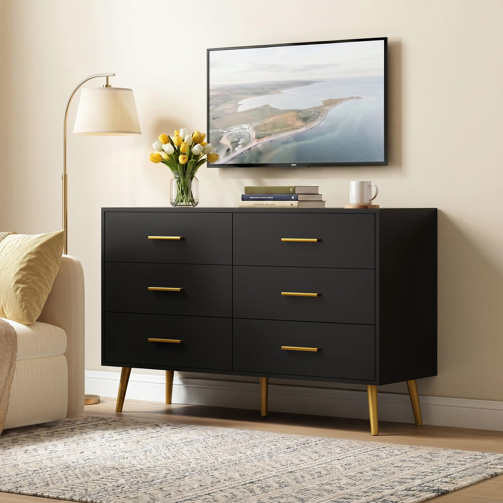 Black 6 Drawer Dresser, 47" Wood Dresser with Gold Handles
