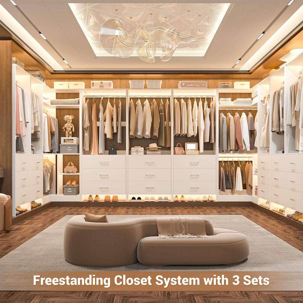 Closet System with 3 Drawers, 2 Hanging Rods & Corner Tower, Corner Closet System with Hanging, L-Shaped Walk-In