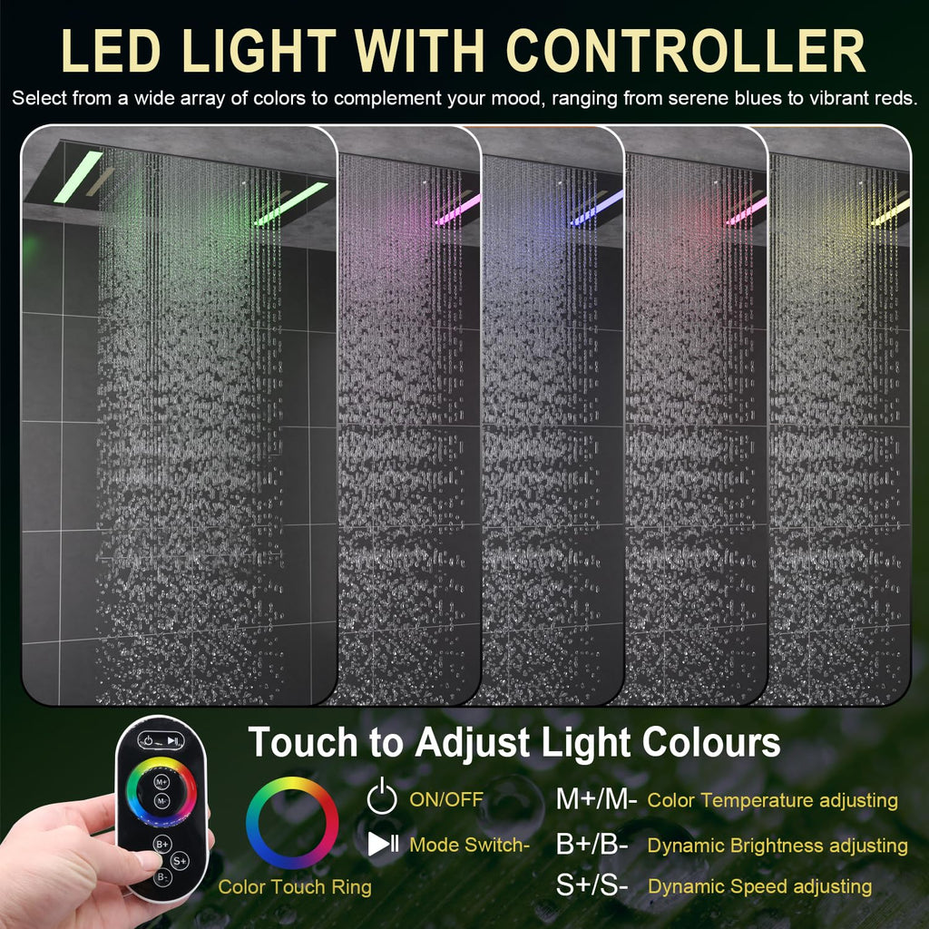 Luxury 14x20inch LED 3 Functions Rain Shower Head, High-Pressure Rainfall Spray Waterfall Shower Water Filter 3 In 1