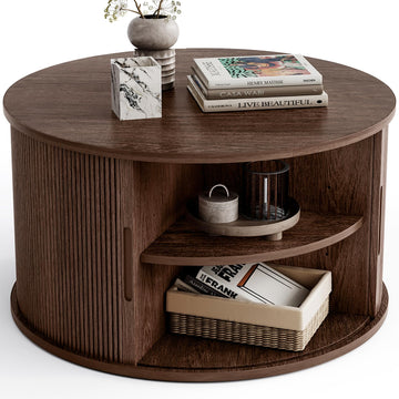 Round Coffee Table, 31.5" Drum Coffee Table with Sliding Tambour Door, Fluted Accent Center Table with Storage, Mid