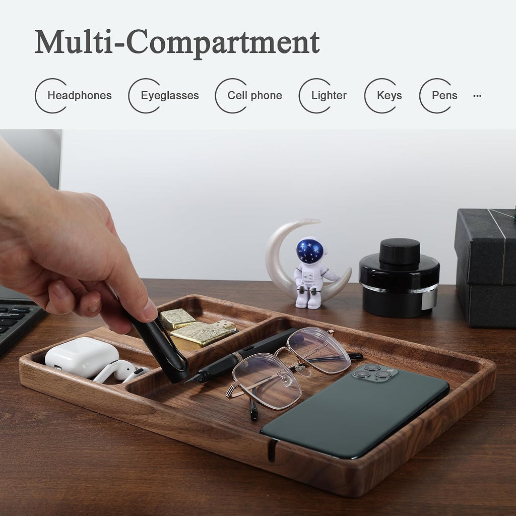 Walnut Wooden Valet Tray - Bedside Table Organizer for Men Dad, Edc Catch All Tray with Cable Slot (11.4 x 7.9 x 0.8