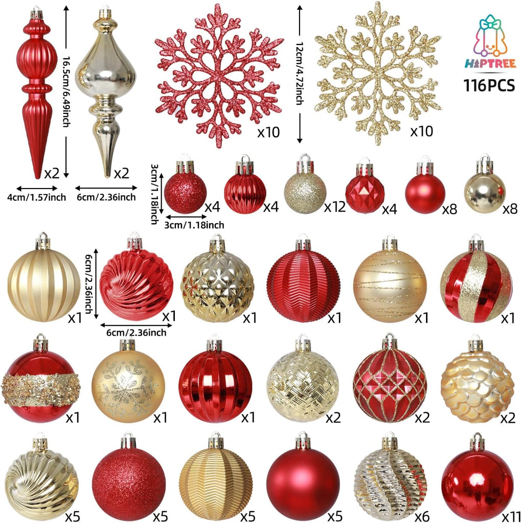 1.18-6.5" Red Gold Christmas Tree Ornaments Decorations Set - Set of 116