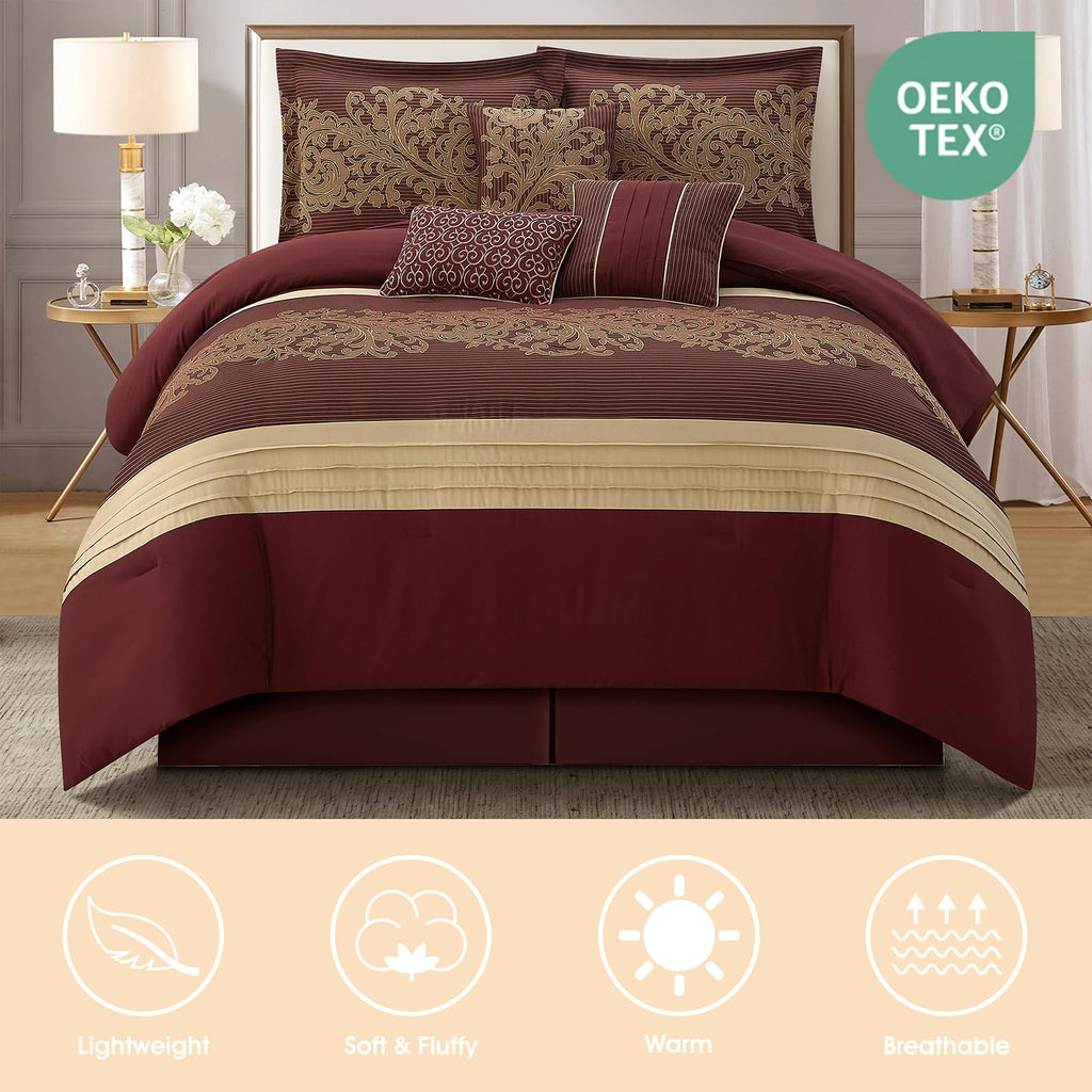 Red Gold Comforter Set, Damask Jacquard with Matching Solid Piece Work, 7 Piece Soft Bedding Set for All
