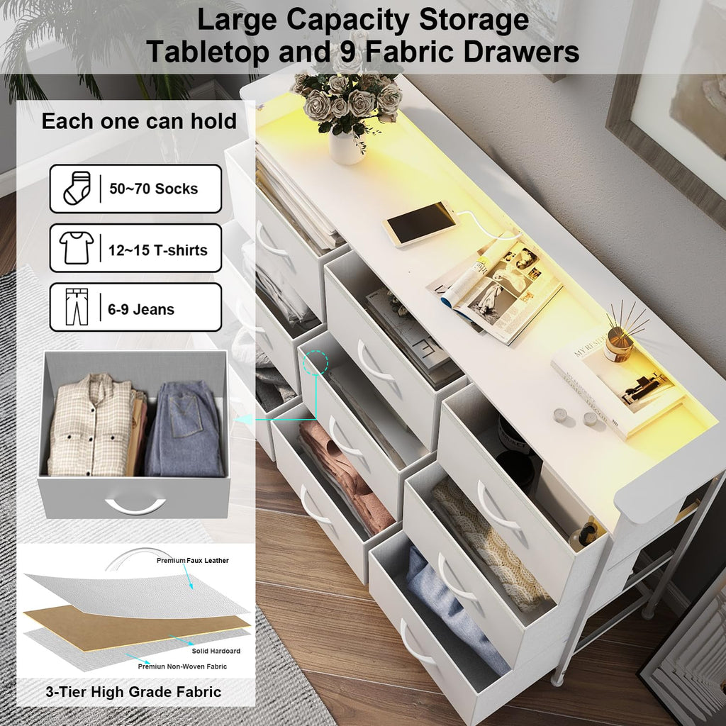 White with LED Light 9 Drawer Dressers with Charging Station Chests of Drawers Closet Living Room Hallway Sturdy