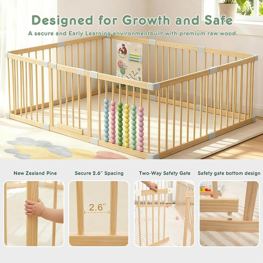 Wooden Baby Playpen, Indoor Play Yard for Toddlers, Stable Fixed 78"x53" | Play Pen for Babies and Toddlers Kids