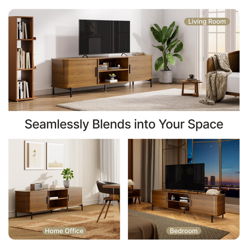 70" Mid-Century Fluted TV Stand with Storage up to 80 Inch, Walnut