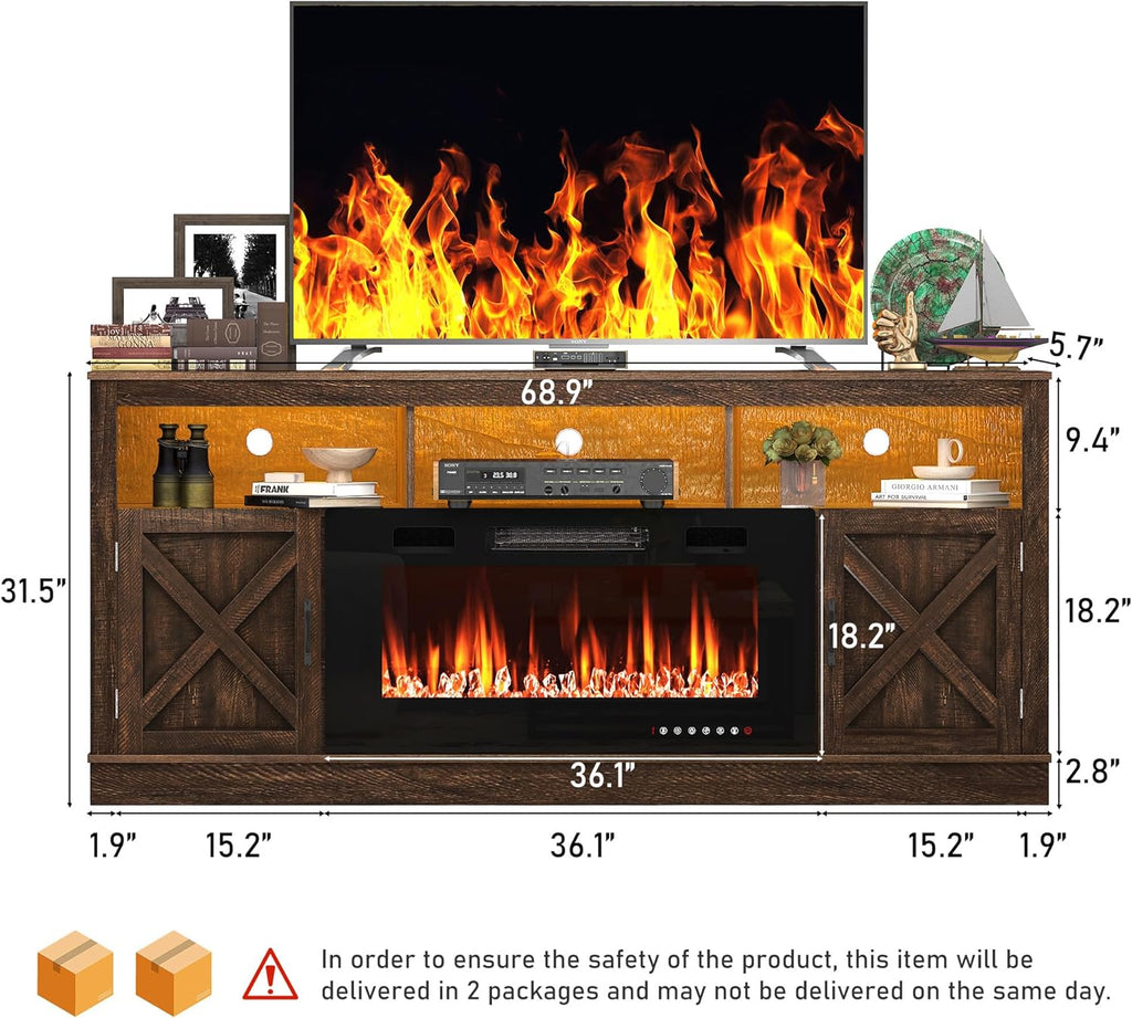 Farmhouse TV Stand with 36 Inch Fireplace for TVs up to 80 Inches, 70 Inch Fireplace Entertainment Center with Barn Doors and LED Lights, Brown