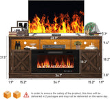 Farmhouse TV Stand with 36 Inch Fireplace for TVs up to 80 Inches, 70 Inch Fireplace Entertainment Center with Barn Doors and LED Lights, Brown
