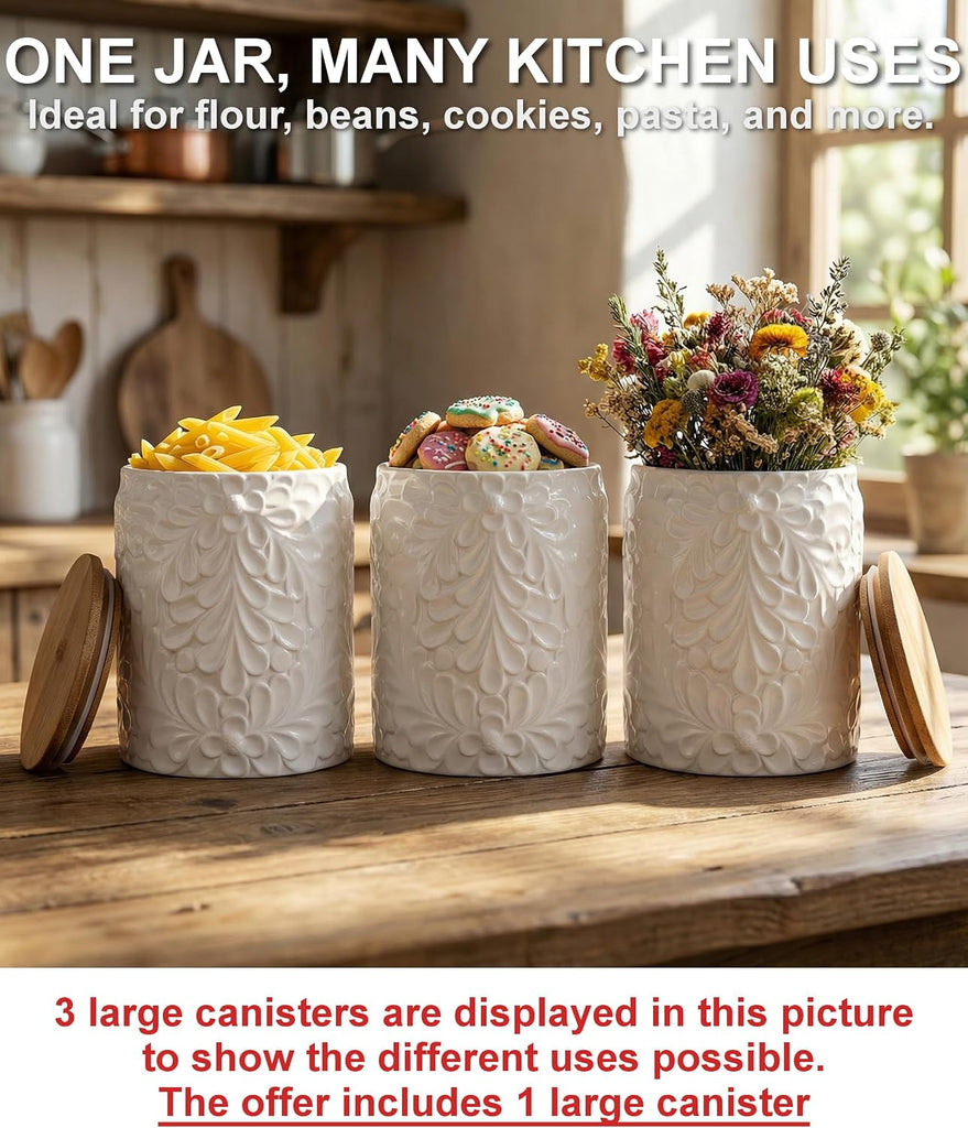 XXL 94 Oz Engraved Ceramic Kitchen Canister, Airtight Bamboo Lid