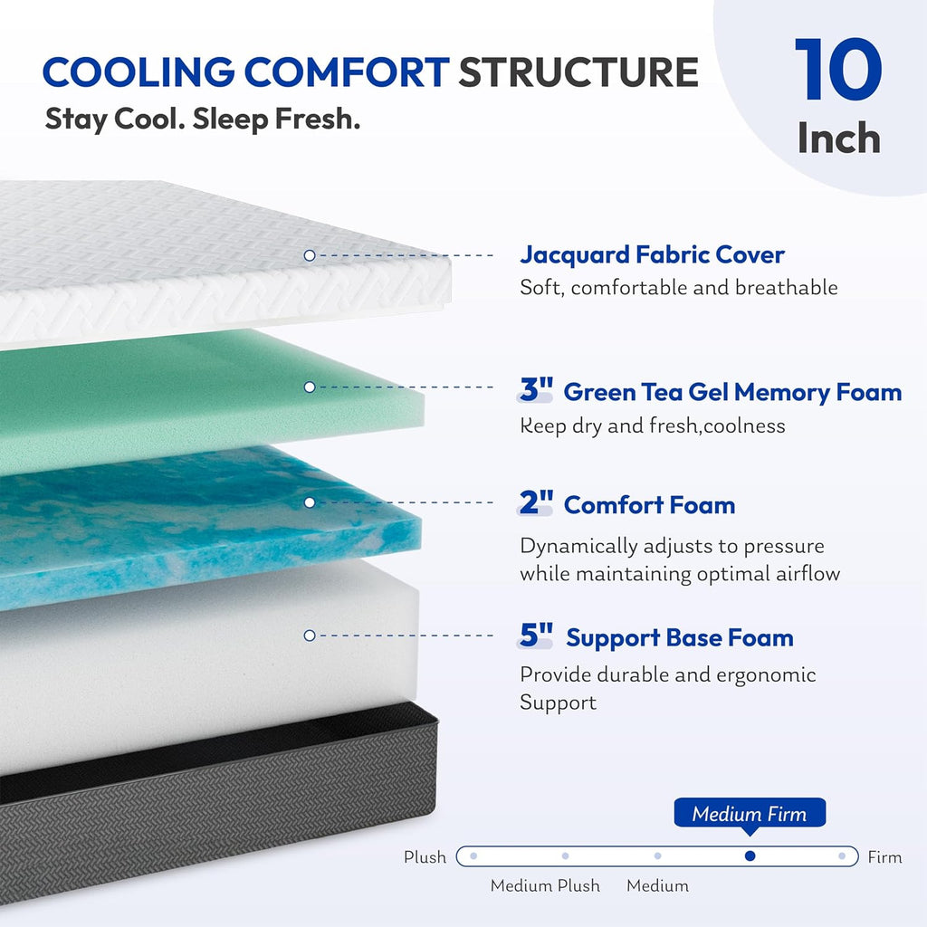 10 Inch Queen Size Mattress,Green Tea Gel Memory Foam,Medium Firm | Cool Night Sleep,Back Pain Relief,Enhanced