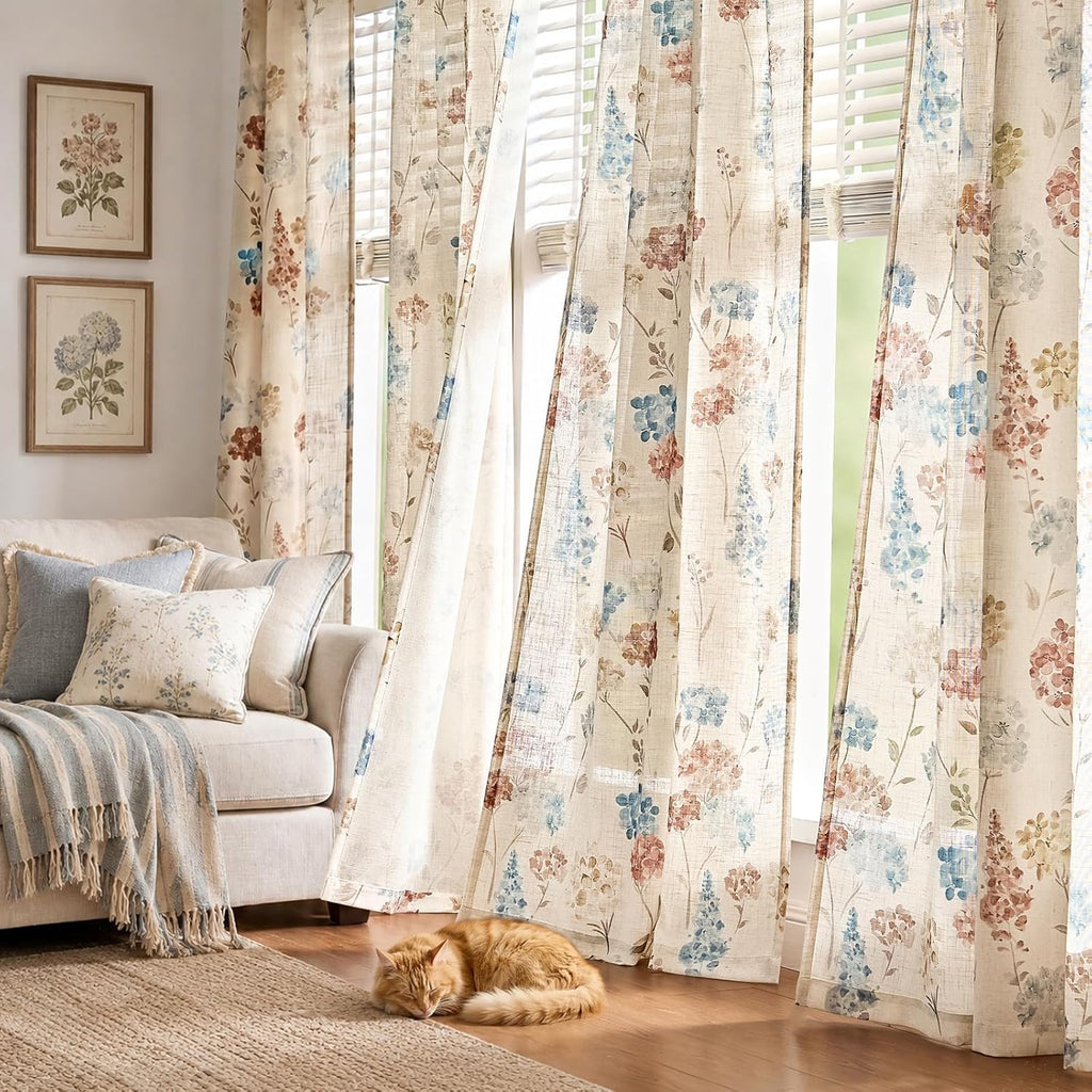 Vanya Floral Linen Blend Curtains 84 Inches Long for Living Room Bedroom, Light Filtering Semi Sheer Drapes, Vintage