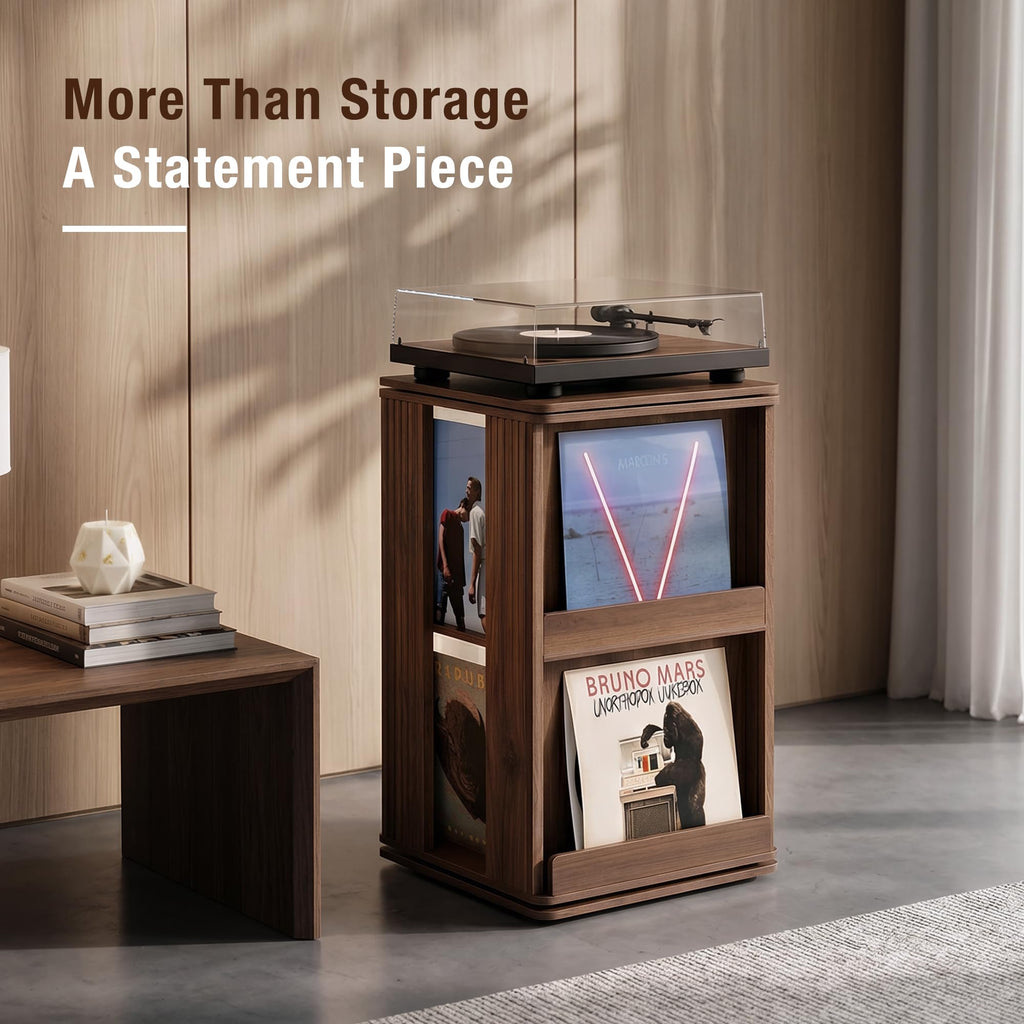 Swivel Record Player Stand with Storage Cabinet & Cover Holder