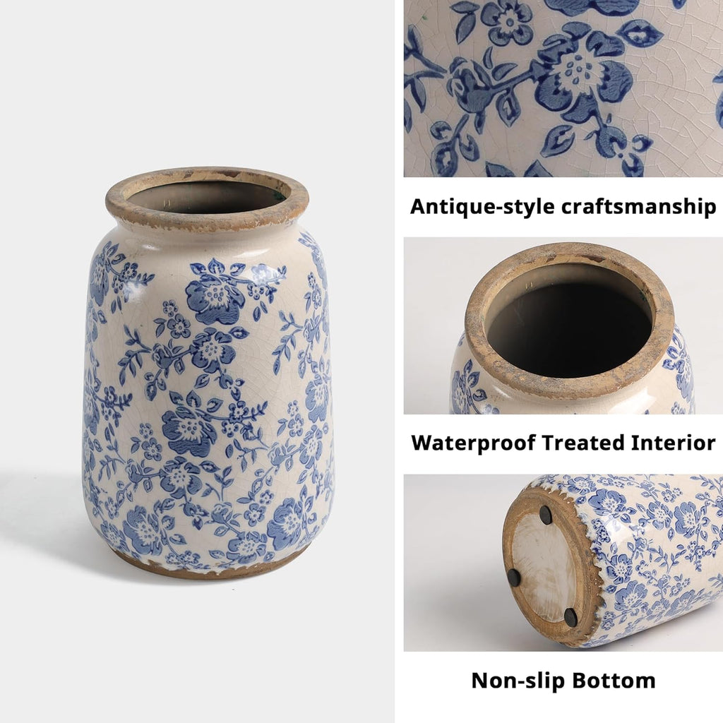 Vintage Blue and White Chinoiserie Ceramic Vase, 6.9" Hand-Painted Peony Floral Design, Antique Style Vases