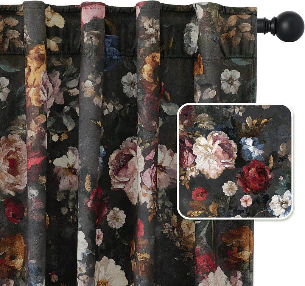 Floral Velvet Curtains 96 inches Long, Retro Blossom Printed Drapes with Energy Saving Luxury Decorative Floor to