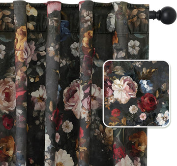 Floral Velvet Curtains 96 inches Long, Retro Blossom Printed Drapes with Energy Saving Luxury Decorative Floor to