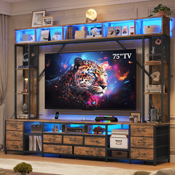Large Entertainment Center with 11 Fabric Drawers & LED Lights, Wall Unit TV Stand Bookshelves for TVs up to 45"-75"