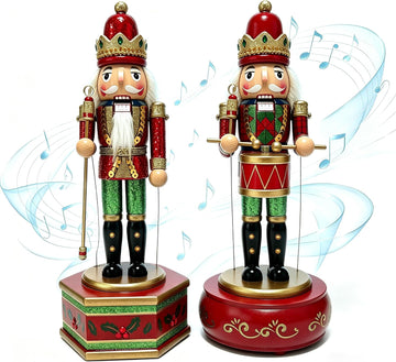 2pcs Christmas Nutcracker Music Box Wooden Nutcrackers Figurines Ornaments Solider Statue Figure Musical Box(King)