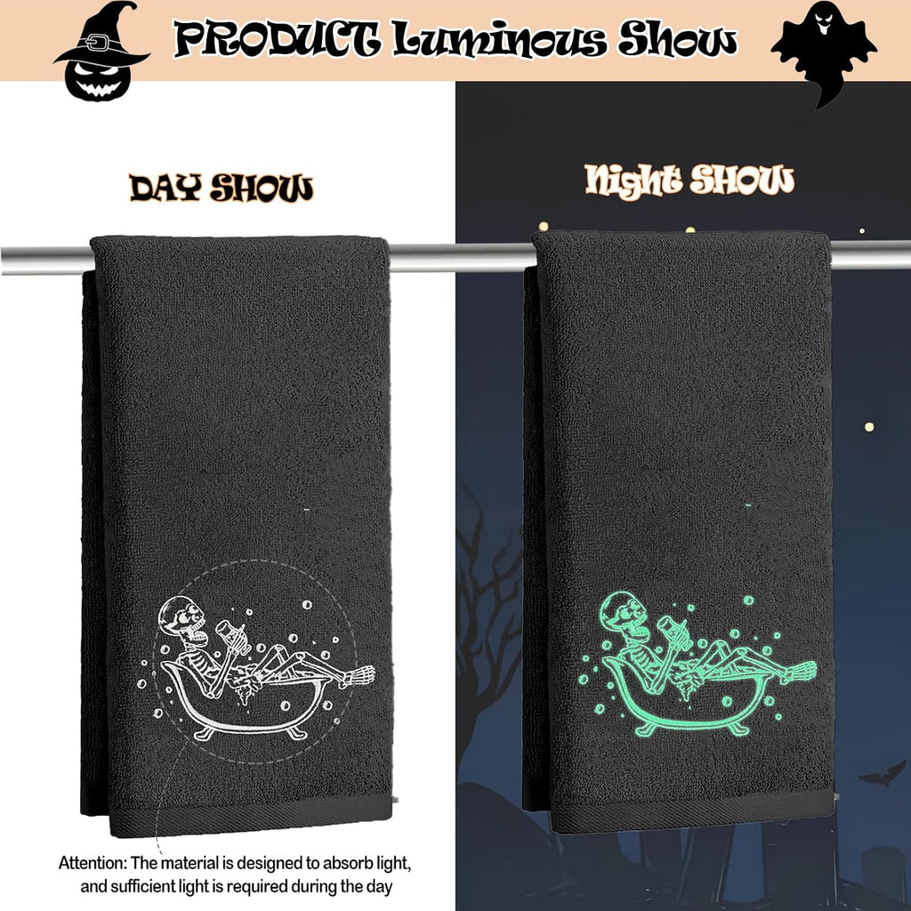 Luminous Halloween Hand Towels 100% Cotton Embroidered Skull Halloween Kitchen Towels Glow in The Dark Black - Set of 2