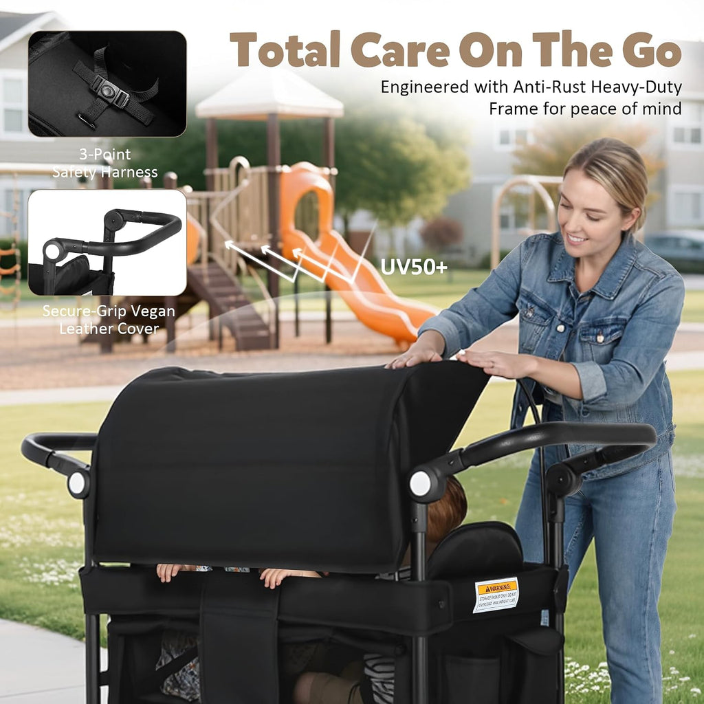 Foldable Wagon Stroller for 2 Kids, Stroller Wagon with Canopy