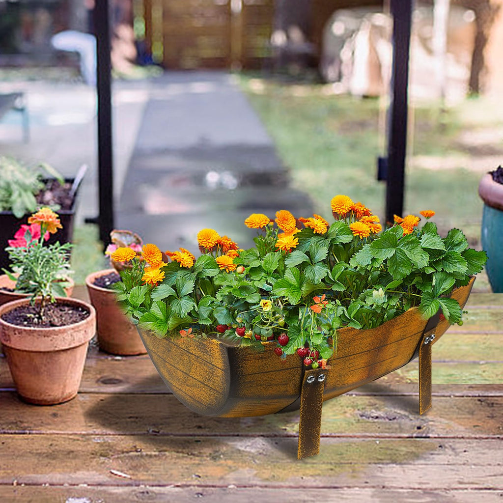 15.43In 2 Pack Rustic Barrel Planters, Decorative Outdoor Garden Backyard Planter with Legs, Metal Flower Pot Half
