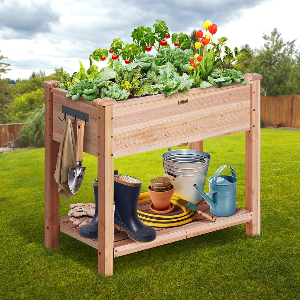 Raised Garden Bed 34x18x30in with Sturdy Legs, High End Natural Fir Wood Planter Box Elevated Planting Stand for
