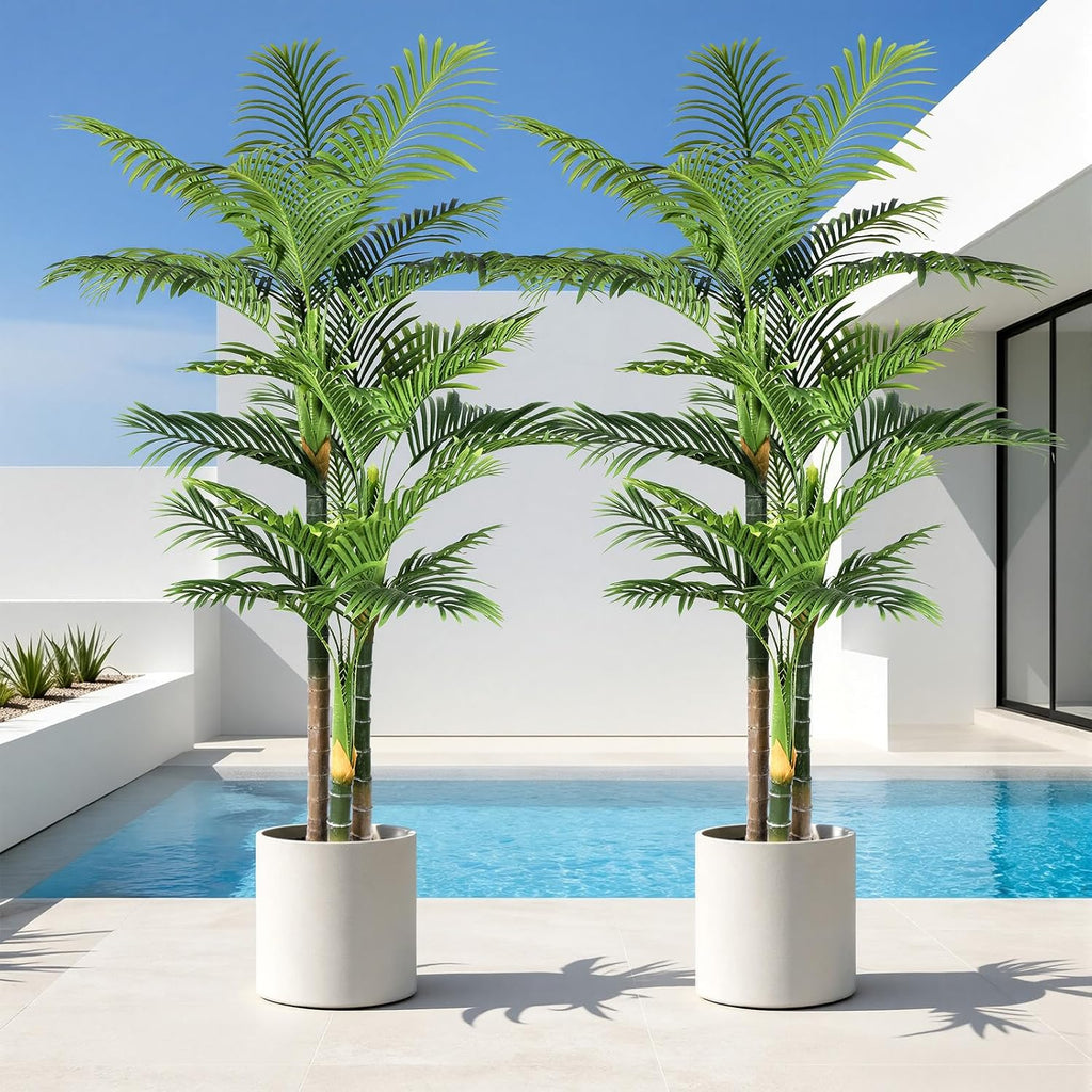 6FT Artificial Palm Tree - Tropical Faux Golden Cane Palm Tree UV Resistant Tall Fake Plant Indoor with Black Pot