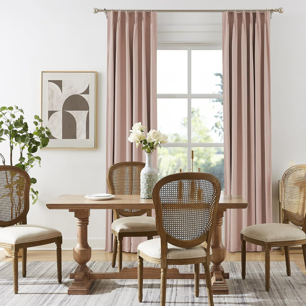 Cute Dusty Pink Blackout Linen Curtains 92 Inches Long - Rose Blush Pinch Pleat Track Curtains Blackout with Hooks
