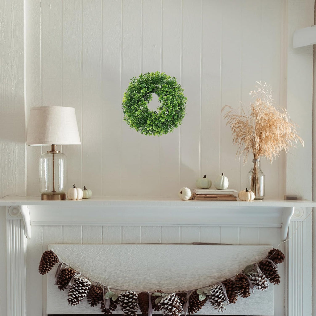 Small Boxwood Wreath for Front Door,10" Boxwood Candle Wreath,Greenery Wreaths for Cabinet Wall Window Door - Set of 2