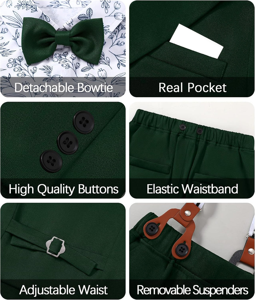 Boy Suit Tuxedos Wedding Formal Kid Outfits 7Pcs Dress Shirt with Bowtie Vest Jacket Boutonniere Suspender Pants Set
