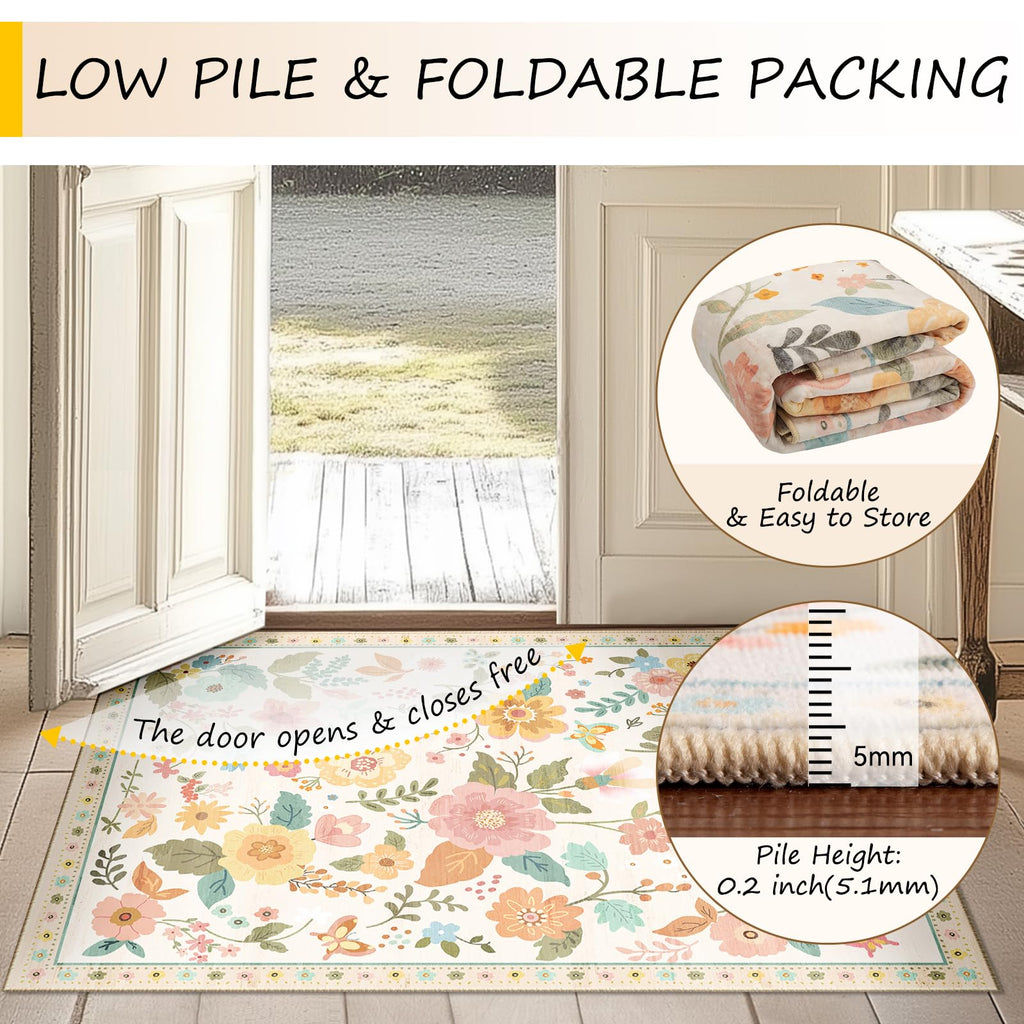 Floral Washable Area Rugs Runner Entryway Hallway Beige/White/Orange