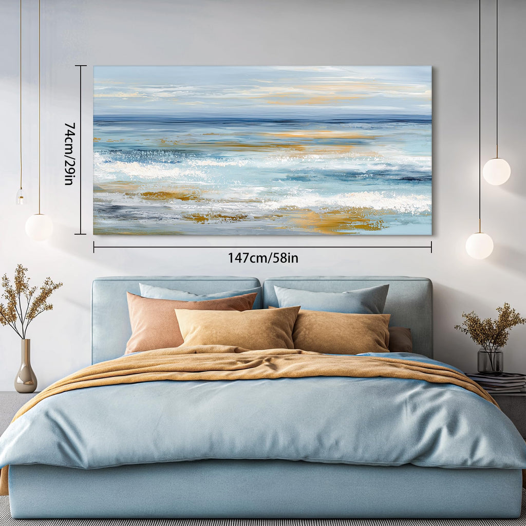 Oversized Large Abstract Coastal Canvas Wall Art, Gold Beach Sand Blue White Ocean Waves Modern Aesthetic Decor