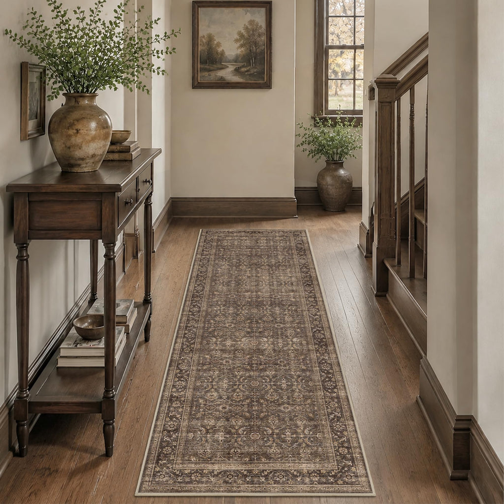 2'6"x8' Brown Vintage Boho Runner Rug Washable Non Slip Hallway Rug