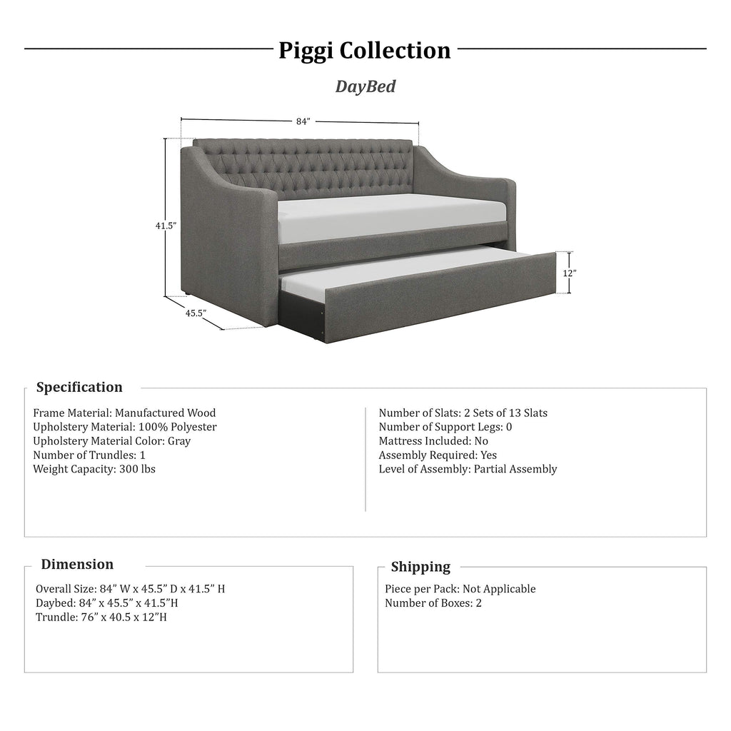 Twin Daybed with Trundle, Button Tufted, Fabric Upholstery, Gray