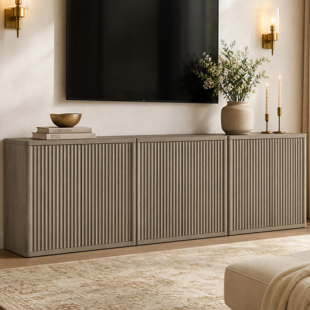 Buffet Cabinet with Storage 138.4" Sideboard Accent Modern Credenza with Doors & Shelves Fluted Tall Media Console