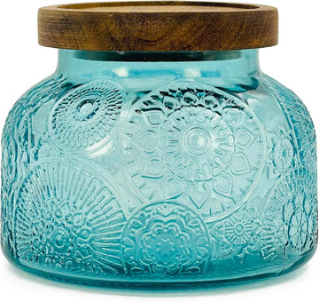 Decorative Blue Embossed Glass Jar with Airtight Wooden Lid, 25.4 fl. oz