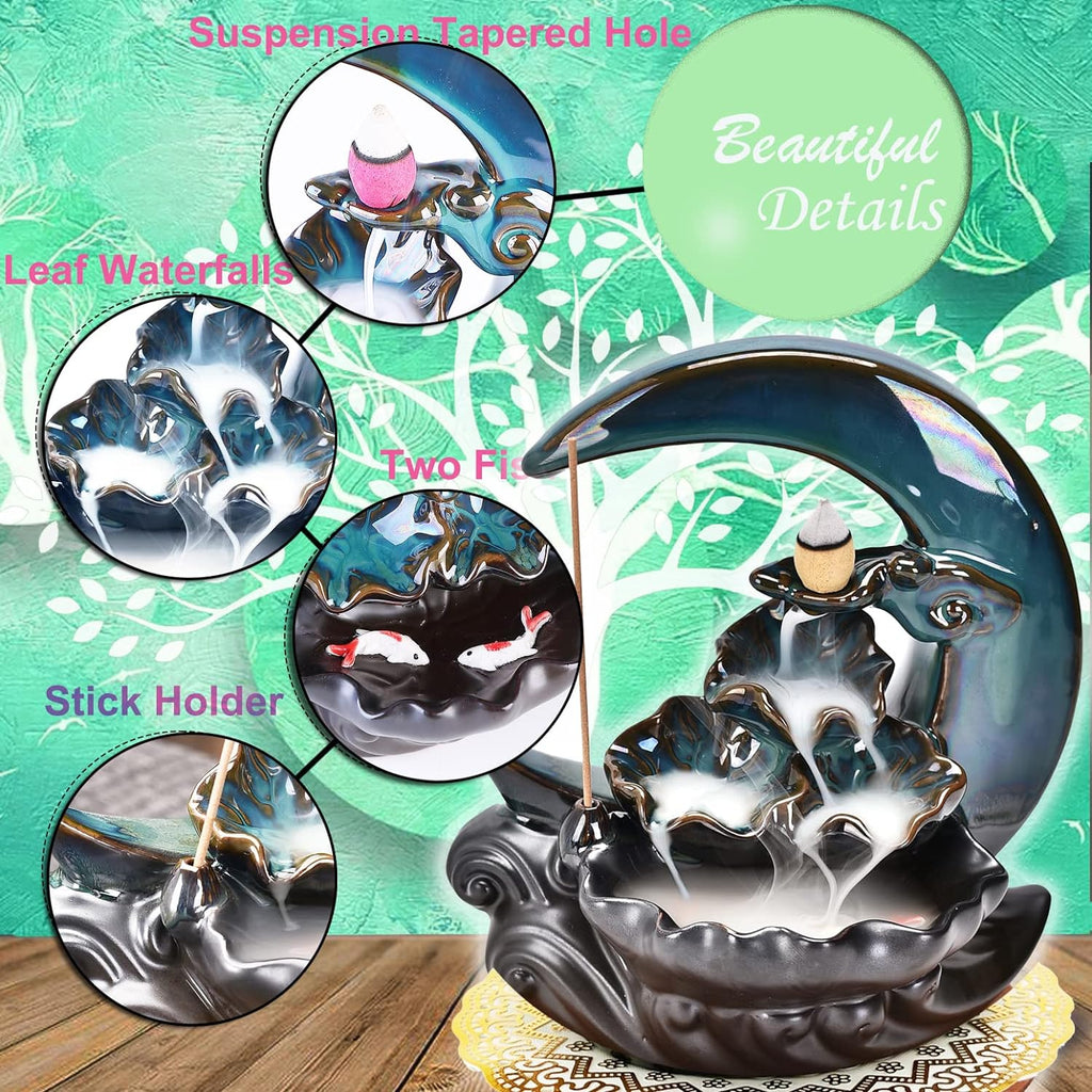 New Moon Backflow Incense Holder, Ceramic Hand-Made Incense Fountain Burner with 100 Backflow Incense Cones,Fragrance - Set of 140