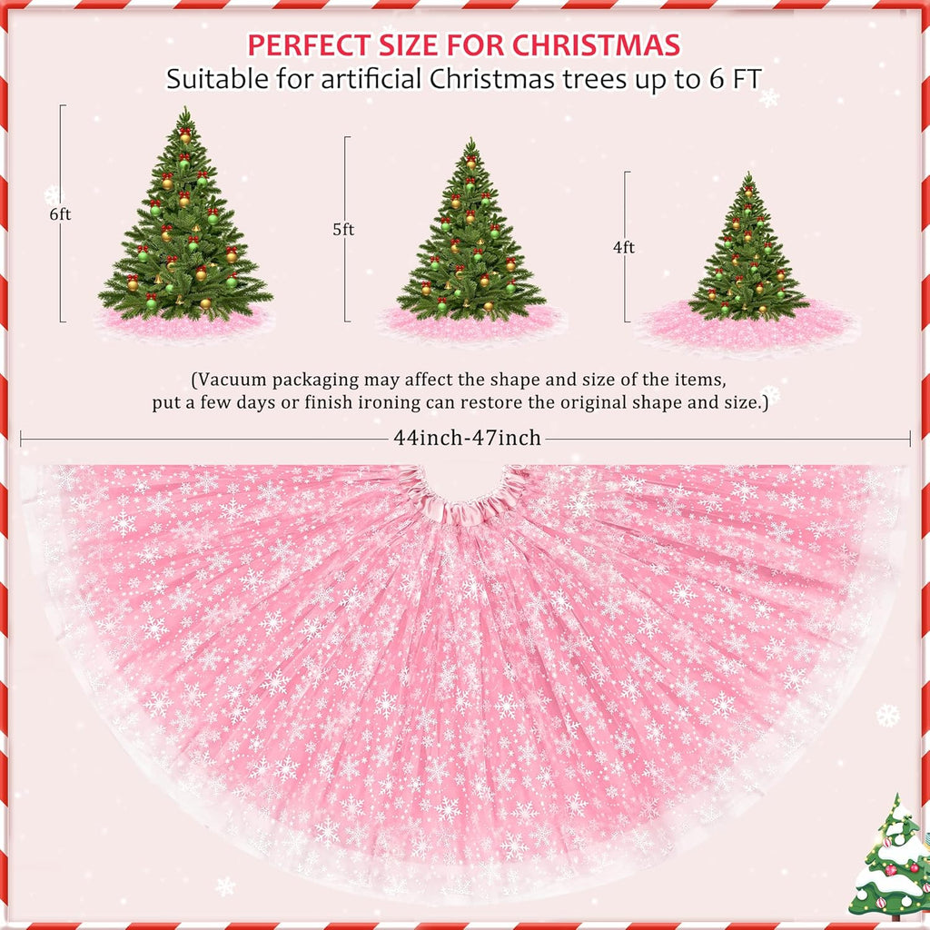 Christmas Wedding Tree Skirt, 4 Layer 47 in Snowflake Tulle Tree Decoration for Party Indoor, Fluffy Tree Cover Mat