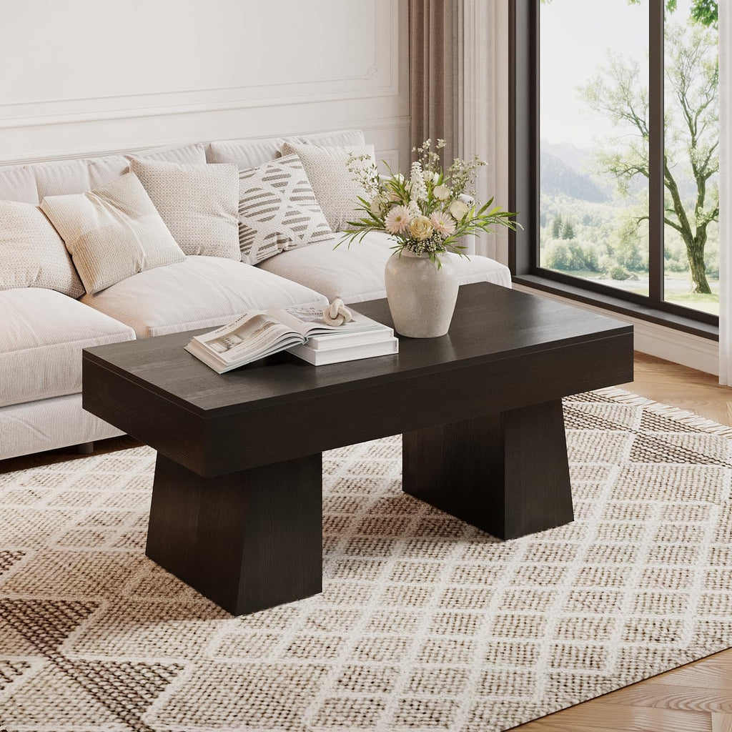 Farmhouse Coffee Table, 47 Inches Wooden Rectangular Accent Center Tables with Thick Base