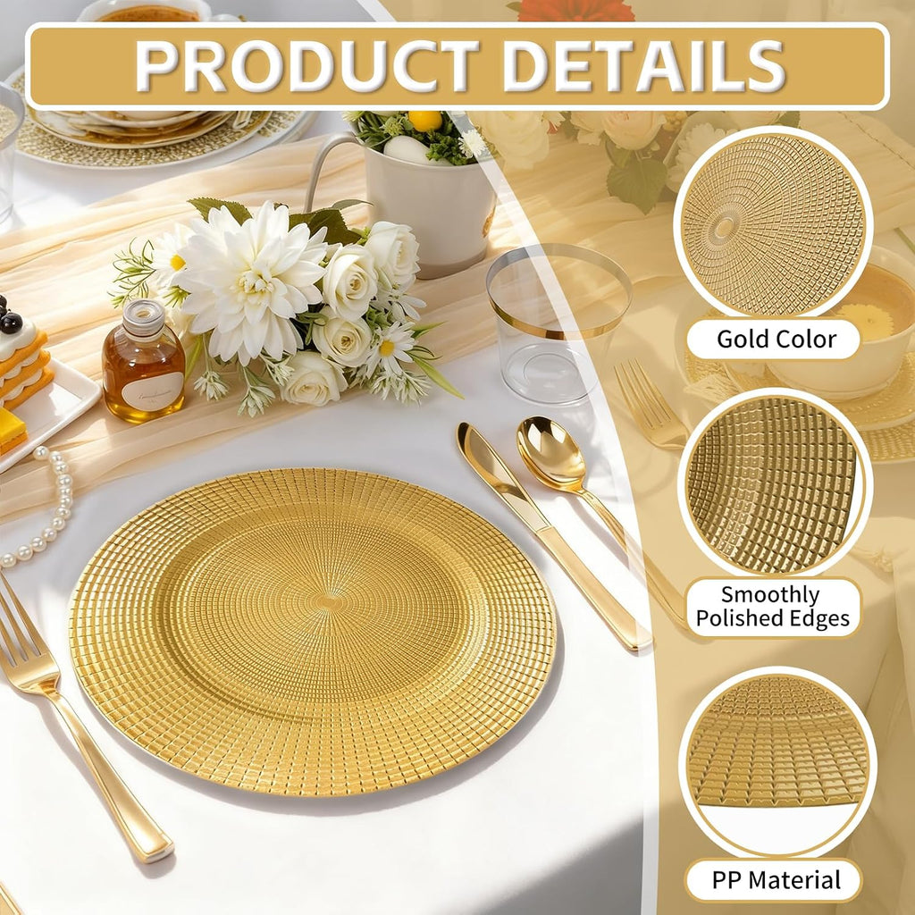 Gold Charger Plates Bulk, 13" Reusable Reef Serving Gold Chargers for Dinner Plates , Round Plastic Shiny - Set of 100