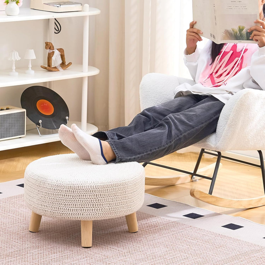 Pouf Ottoman, 100% Cotton Knitted Boho Footstool, Round Footrest with Non-Skid Wood Legs, Home Décor Pouffe, Leisure