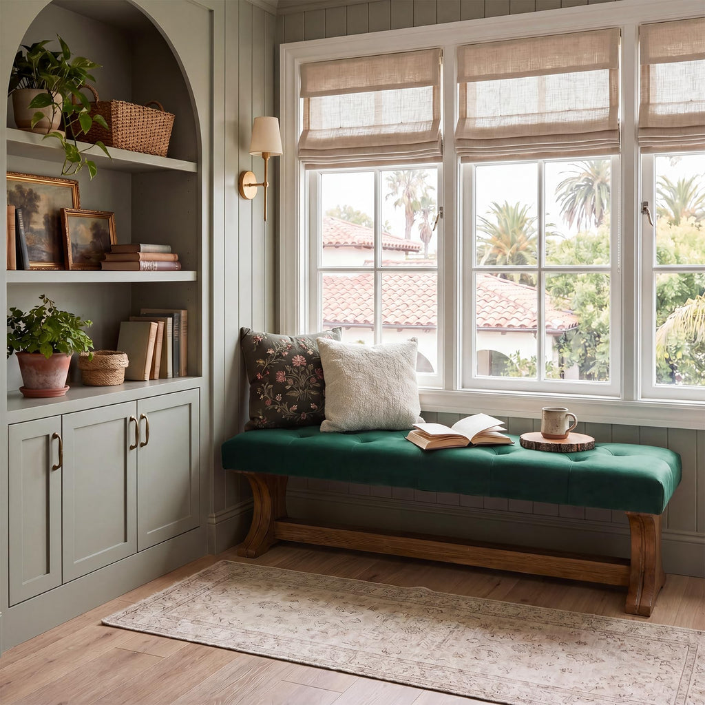 55" Upholstered End of Bed Bench, Solid Wood Tufted Entryway Bench, Farmhouse Ottoman with Cushion, Foot of Bed
