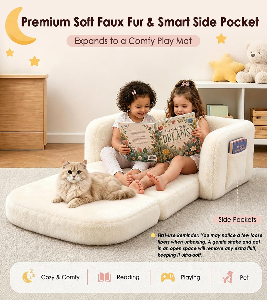 In-1 Kids Plush Kids Couch, Extra Wide Toddler Couch with Bonus Blanket - Ultra-Thick Faux Fur Convertible Sofa