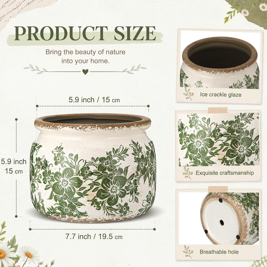 7.7" Large Ceramic Plant Pot Beige Green Farmhouse Floral Crackle Glaze Rustic Flowers Pot Decorative Planter with